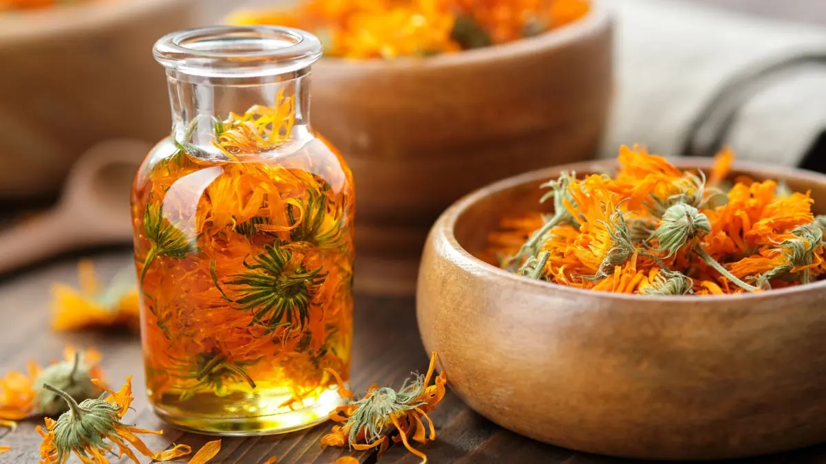 Glas mit Ringelblumenöl und Blüten